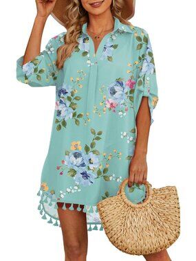 👑 Women's Mint Green Tassel Beach Swimwear Cover Up Bathing Suit Shirt Dress